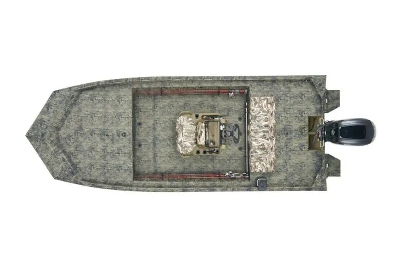 Slide: The Image of 2026 Tracker Grizzly 1860 Center Console boat, top view, camo design, outboard motor. - 6