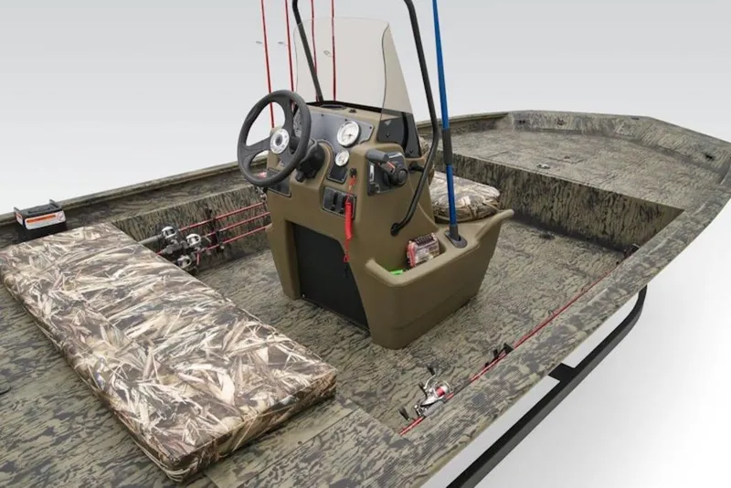 Slide: The Image of 2026 Tracker Grizzly 1860 Center Console boat with camo seats and fishing gear. - 9