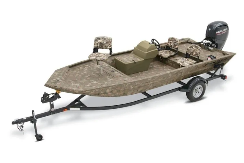 The Image of 2026 Tracker Grizzly 1754 SC boat with camouflage design on a trailer. - 1