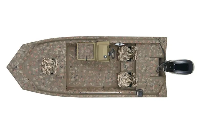 Slide: The Image of Top view of 2026 Tracker Grizzly 1754 SC boat with camouflage design and outboard motor. - 3