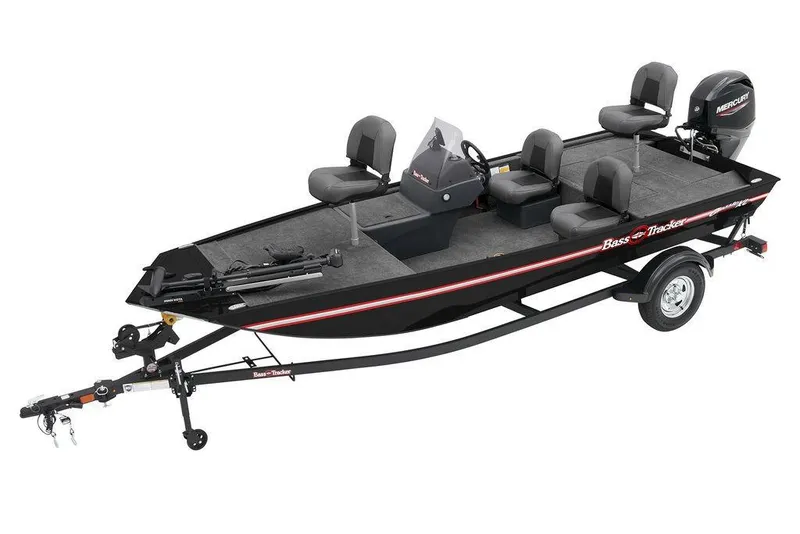 The Image of 2026 Tracker Bass Tracker Classic XL fishing boat on trailer, featuring multiple seats and a Mercury motor. - 0