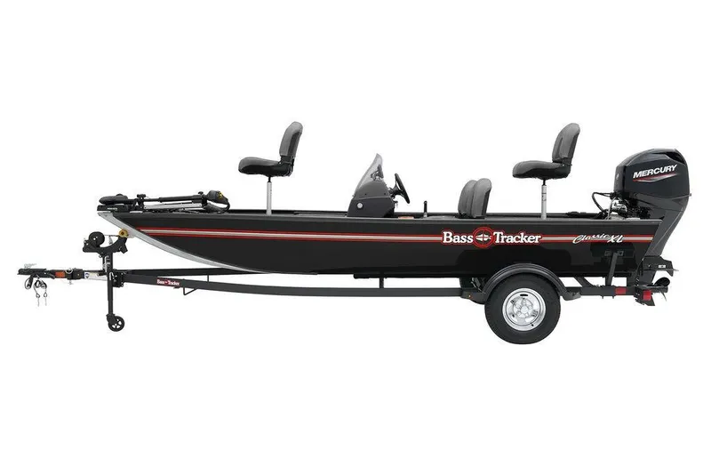 Slide: The Image of 2026 Tracker Bass Tracker Classic XL fishing boat with trailer, side view. - 4
