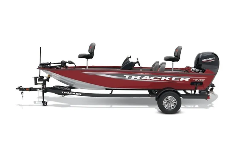 The Image of 2025 Tracker Pro Team 195 Tournament Edition fishing boat, red with trailer and Mercury engine. - 1