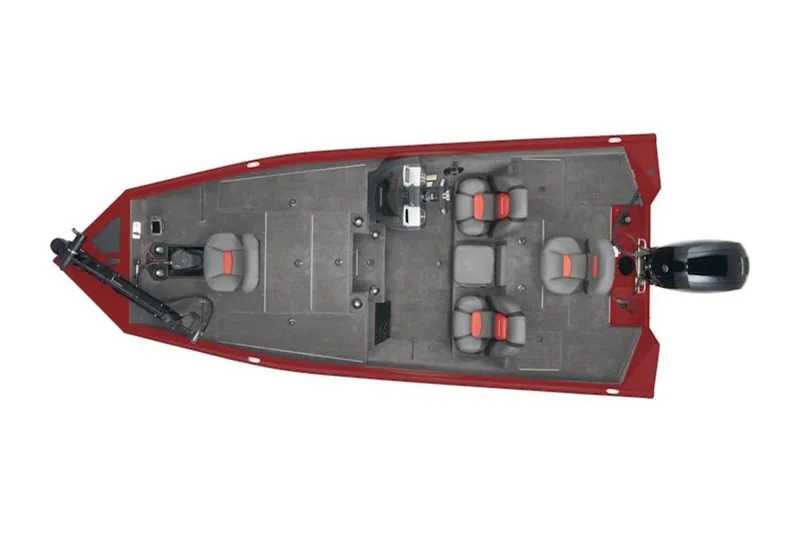 Slide: The Image of 2025 Tracker Pro Team 195 Tournament Edition boat, top view, red and gray interior. - 5