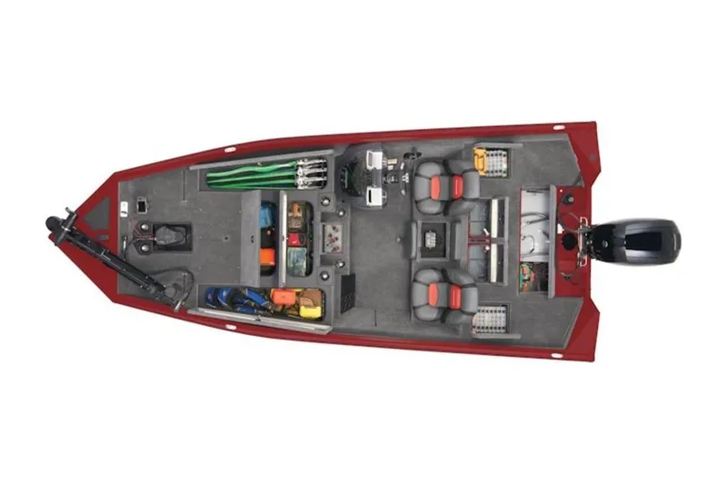 Slide: The Image of 2025 Tracker Pro Team 195 Tournament Edition boat, top view, red exterior, organized interior layout. - 7