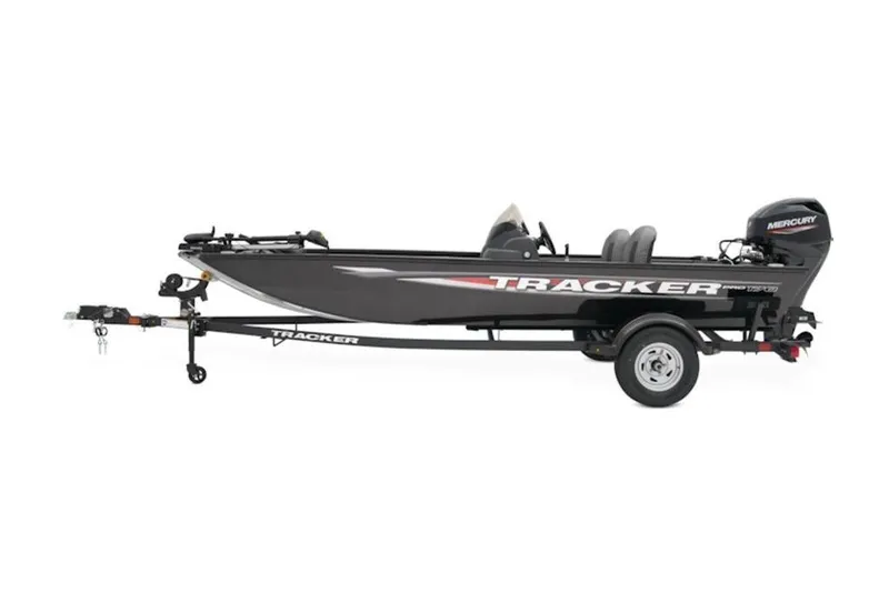 The Image of 2025 Tracker Pro 170 boat on trailer, side view, featuring Mercury outboard motor. - 1
