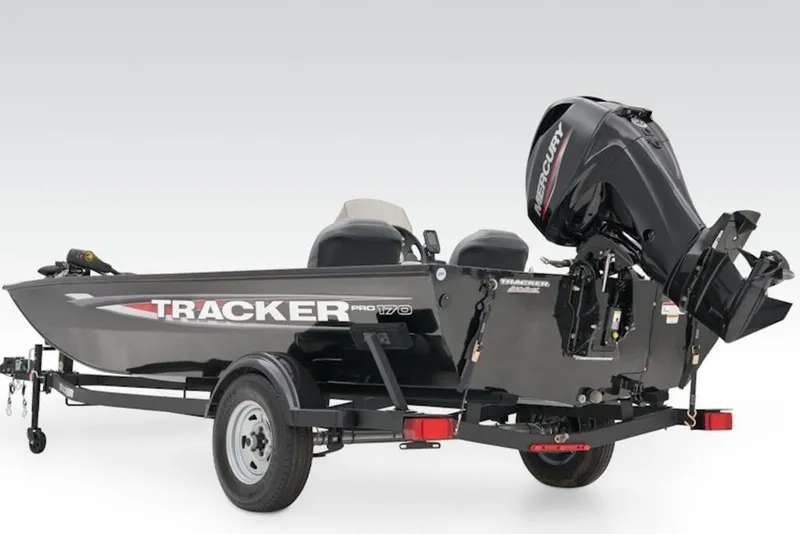 Slide: The Image of 2025 Tracker Pro 170 boat with Mercury engine on trailer, side view. - 10