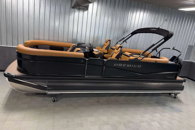 The Image of 2026 Premier 230 SunSation RF Tritoon boat with sleek design and tan seating. - 0