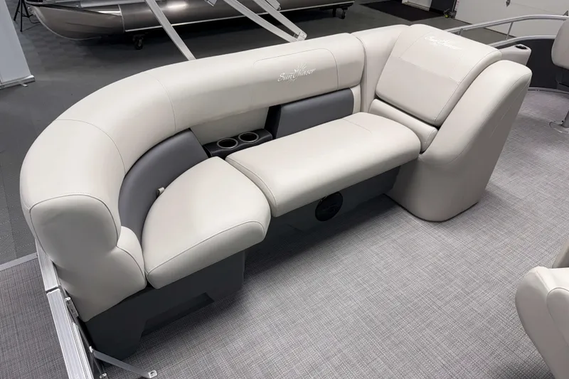 Slide: The Image of 2026 SunChaser Vista 18 Fish boat interior with plush seating and cup holders. - 4