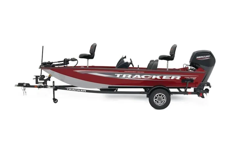 The Image of 2025 Tracker Pro Team 175 fishing boat with trailer, red and black design. - 1
