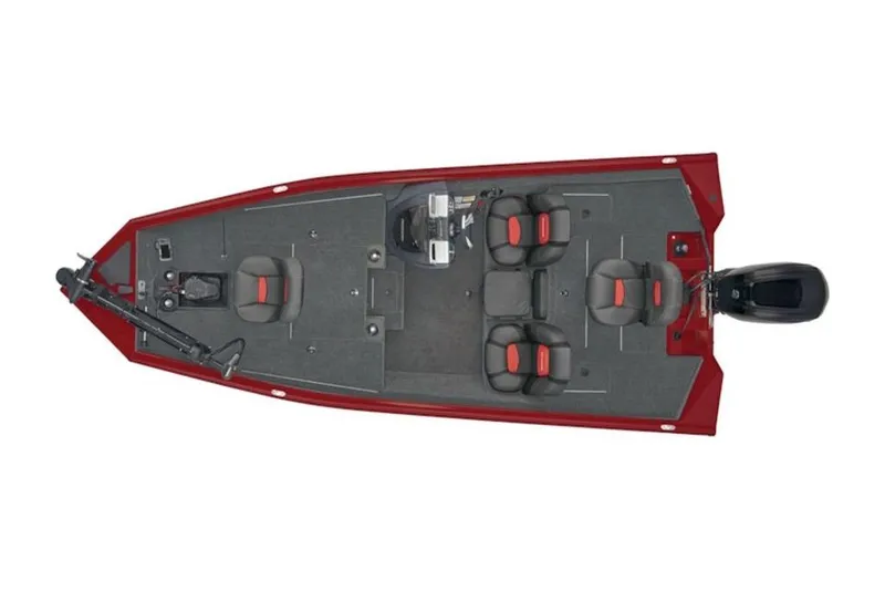 Slide: The Image of 2025 Tracker Pro Team 175 boat, top view, red exterior, spacious seating, modern design. - 3