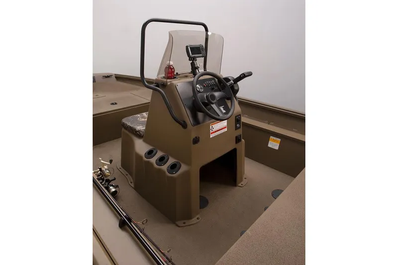 Slide: The Image of Manufacturer Provided Image: 2020 G3 Gator Tough 17 CC boat console with steering wheel and fishing rods. - 12