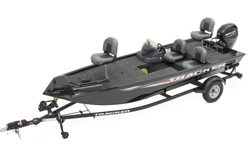 Slide: The Image of 2025 Tracker Pro Team 170 TX fishing boat on trailer, featuring multiple seats and a Mercury engine. - 2