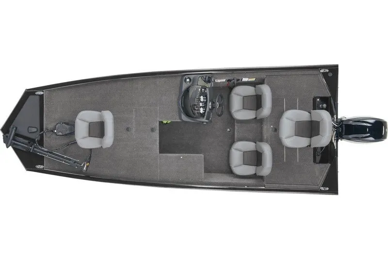 Slide: The Image of 2025 Tracker Pro Team 170 TX fishing boat, top view, gray seating, spacious layout. - 3