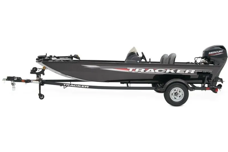 The Image of 2025 Tracker Pro Team 170 TX fishing boat on trailer, side view. - 0