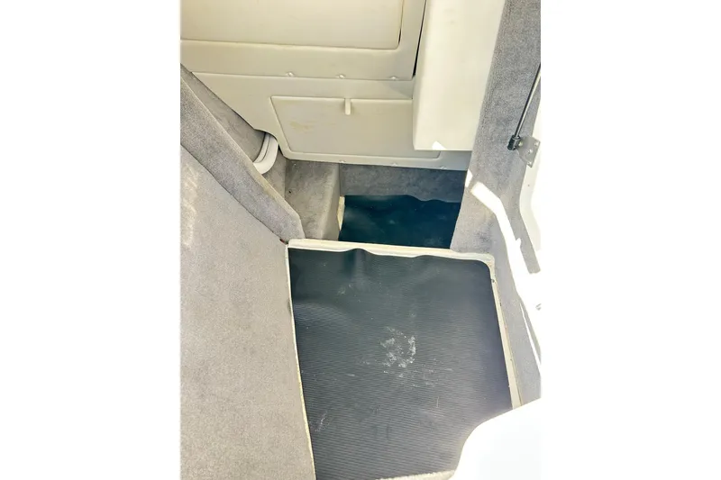 Slide: The Image of Interior view of 2020 Sea Ray SLX 310 boat, featuring carpeted flooring and storage compartment. - 26
