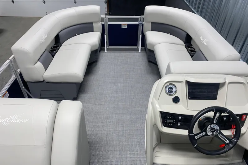 Slide: The Image of Interior of 2026 SunChaser Vista 20 LR pontoon boat with plush seating and modern helm. - 10