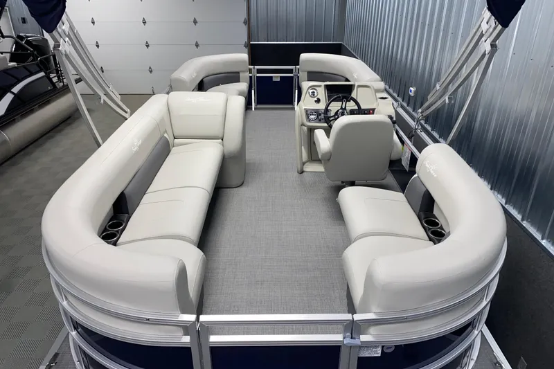 Slide: The Image of Pontoon boat interior, SunChaser Vista 20 LR 2026, featuring spacious seating and modern controls. - 2