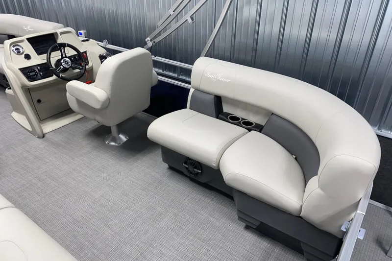 Slide: The Image of Interior of 2026 SunChaser Vista 20 LR pontoon boat with plush seating and modern helm. - 3