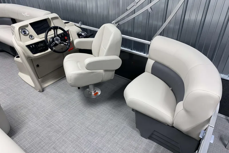 Slide: The Image of Interior of 2026 SunChaser Vista 18 LR pontoon boat with modern helm and seating. - 4