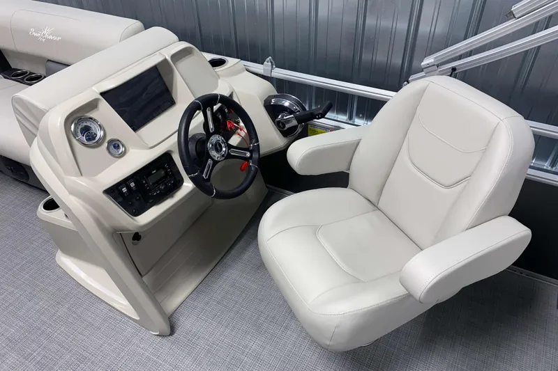 Slide: The Image of Captain's seat and helm of 2026 SunChaser Vista 18 LR pontoon boat. - 6