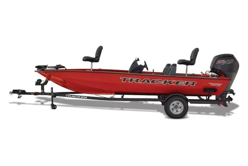 The Image of 2026 Tracker Pro Team 190 fishing boat on trailer, red exterior, three seats, outboard motor. - 0