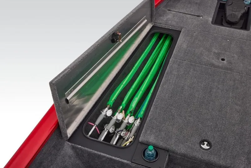 Slide: The Image of 2026 Tracker Pro Team 190 boat with open storage compartment and fishing rods. - 11