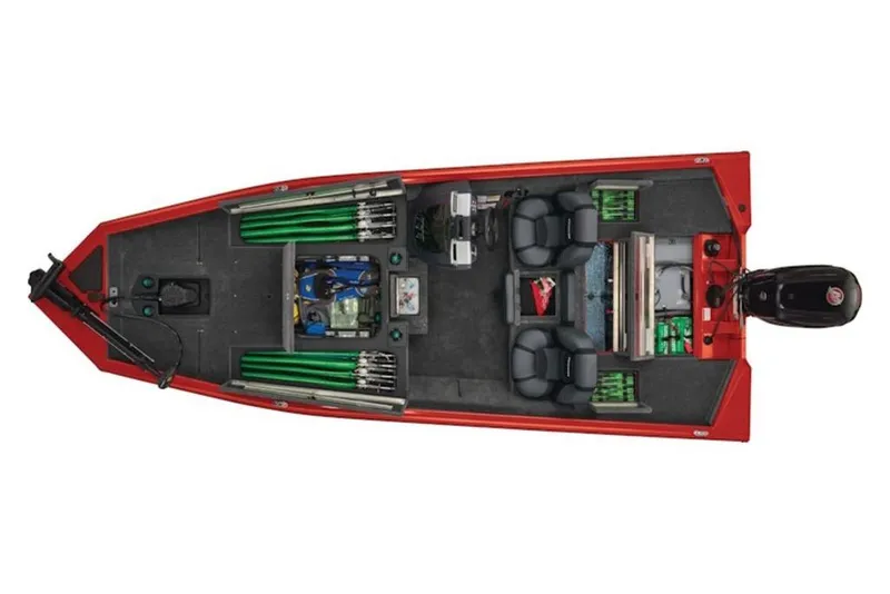 Slide: The Image of 2026 Tracker Pro Team 190 boat, top view, red exterior, equipped with fishing gear and seating. - 6