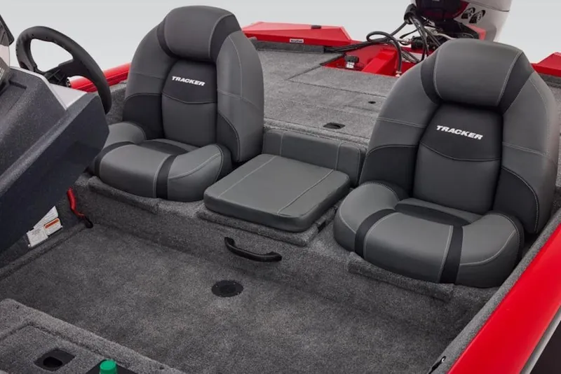 Slide: The Image of 2026 Tracker Pro Team 190 boat interior with gray seats and red accents. - 8