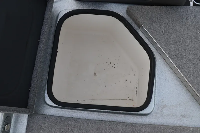 Slide: The Image of 2019 Bass Cat Lynx boat storage compartment with gray carpeted interior. - 16