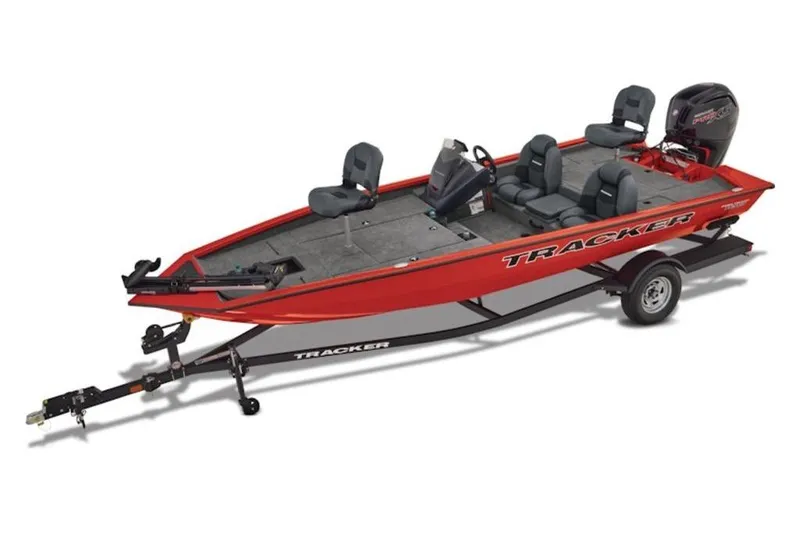 Slide: The Image of 2026 Tracker Pro Team 190 fishing boat, red exterior, on trailer, with seating and motor. - 5