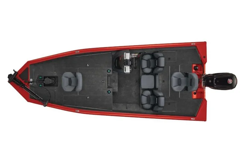 Slide: The Image of 2026 Tracker Pro Team 190 boat, top view, red exterior, spacious seating, modern design. - 6