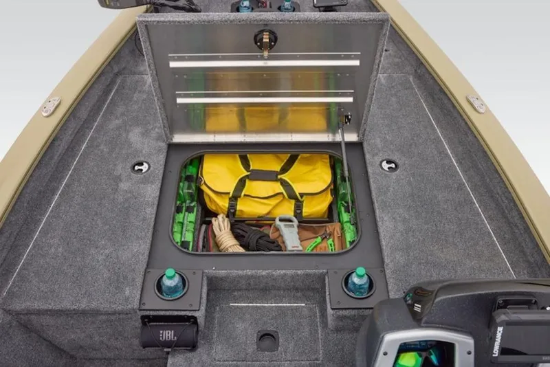 Slide: The Image of 2026 Tracker Pro Team 175 boat storage compartment with gear and accessories. - 10