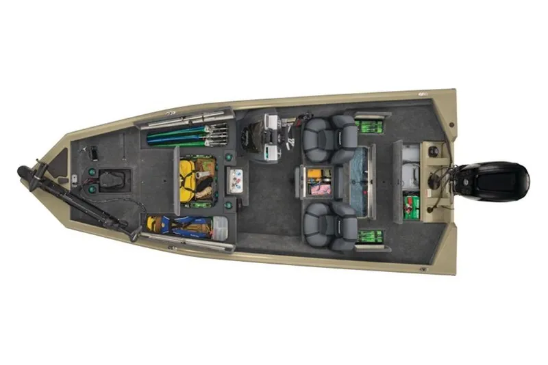 Slide: The Image of 2026 Tracker Pro Team 175 boat, top view, showcasing seating and storage layout. - 14