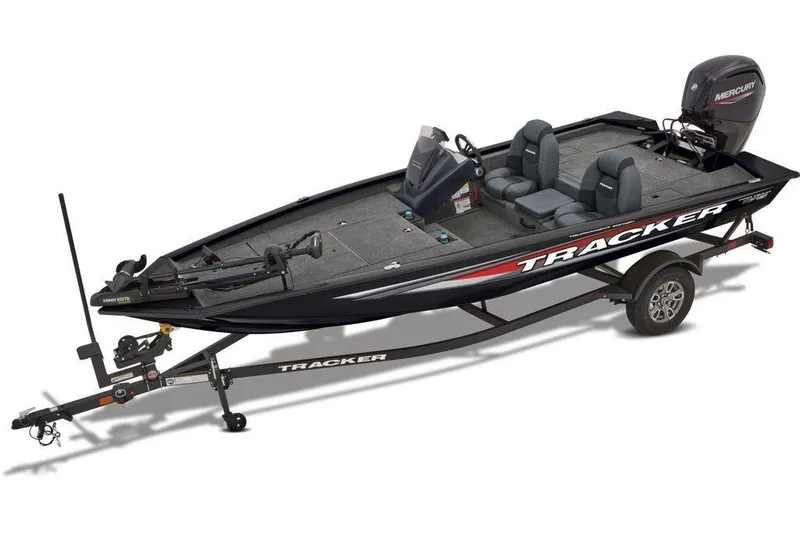 Slide: The Image of 2026 Tracker Pro Team 175 fishing boat with trailer, featuring dual seats and Mercury engine. - 16