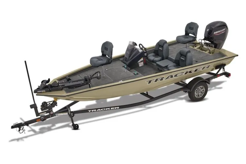 Slide: The Image of 2026 Tracker Pro Team 175 fishing boat with trailer, featuring multiple seats and Mercury outboard motor. - 9
