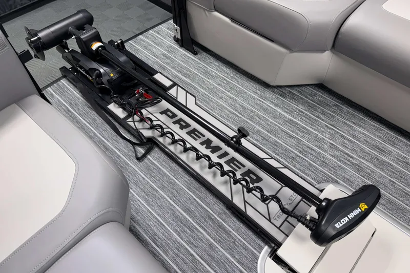 Slide: The Image of 2026 Premier 230 Sunsation Angler Tritoon interior with Minn Kota trolling motor. - 22