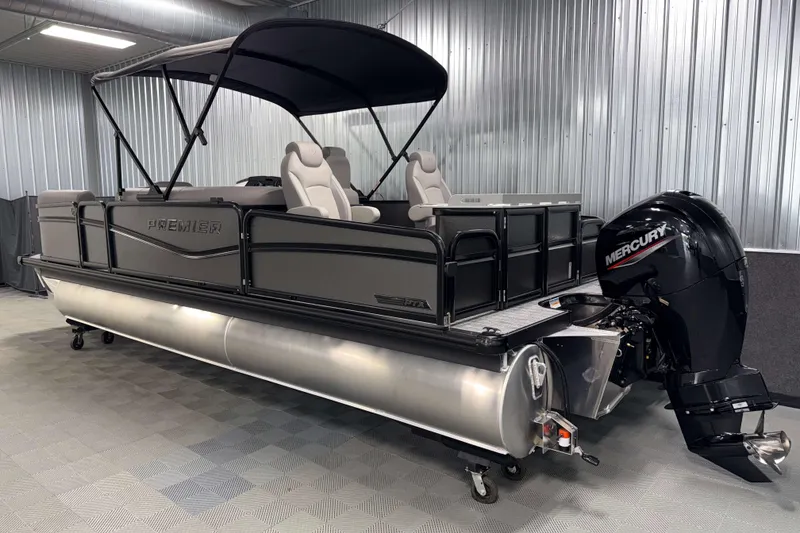 Slide: The Image of 2026 Premier 230 Sunsation Angler 2pt Tritoon with Mercury engine in showroom. - 6
