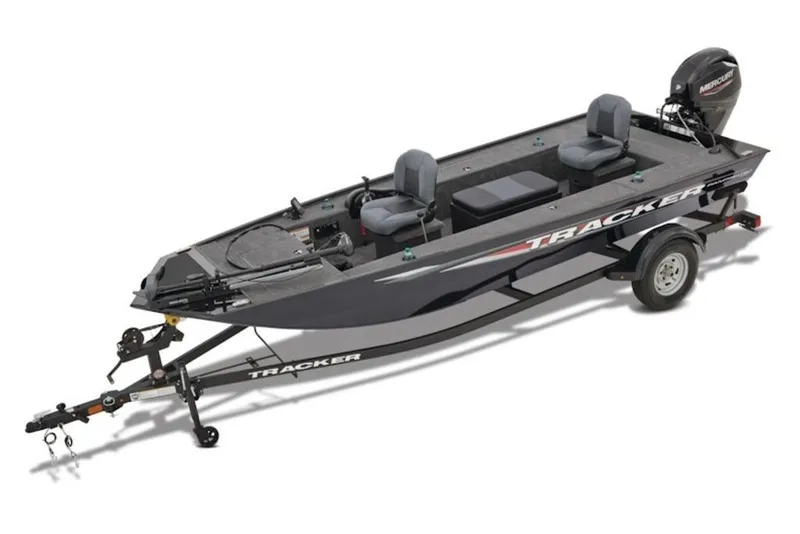 The Image of 2026 Tracker Panfish 17 boat on trailer, featuring dual seats and outboard motor. - 0