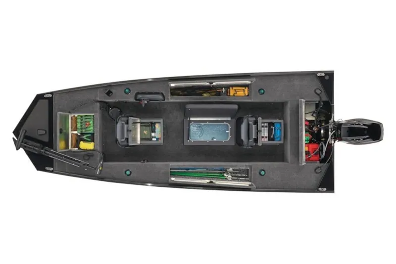 Slide: The Image of Top view of 2026 Tracker Panfish 17 boat, showcasing seating and storage layout. - 17