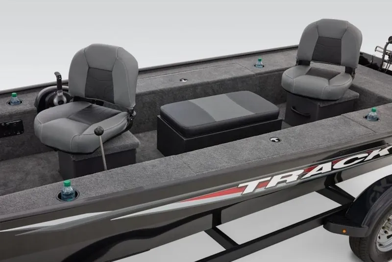 Slide: The Image of 2026 Tracker Panfish 17 boat interior with gray seating and cup holders. - 3