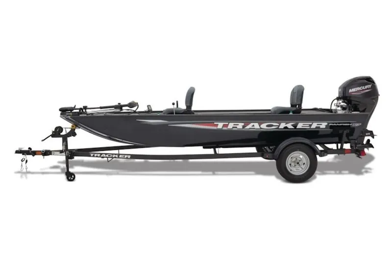 Slide: The Image of 2026 Tracker Panfish 17 boat on trailer, side view, with Mercury engine. - 4
