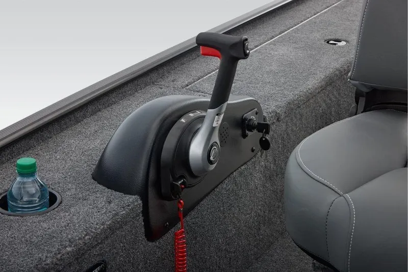 Slide: The Image of 2026 Tracker Panfish 17 boat interior with throttle control and cup holder. - 6