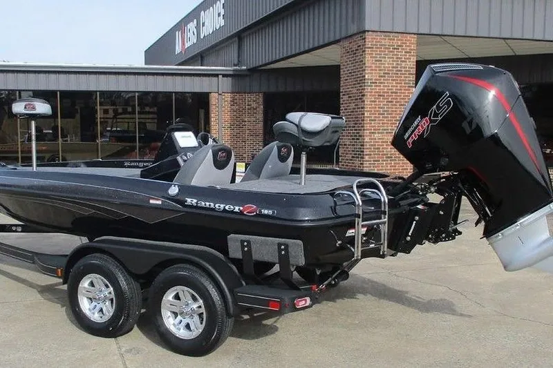 Slide: The Image of 2026 Ranger Z185 boat with powerful engine, parked outside a dealership. - 7