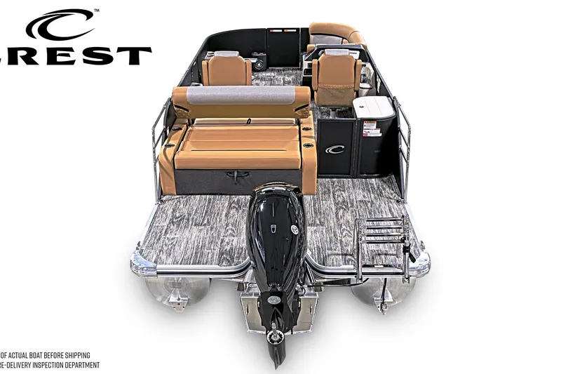 Slide: The Image of 2026 Crest Conquest 230 SLSC pontoon boat, rear view, showcasing seating and motor. - 3
