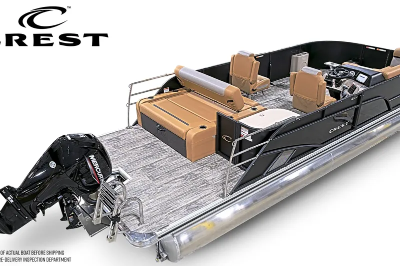 Slide: The Image of 2026 Crest Conquest 230 SLSC pontoon boat with Mercury engine, spacious seating, and modern design. - 4