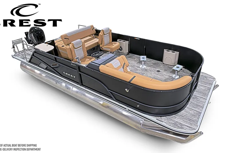 Slide: The Image of 2026 Crest Conquest 230 SLSC pontoon boat with luxurious seating and modern design. - 5