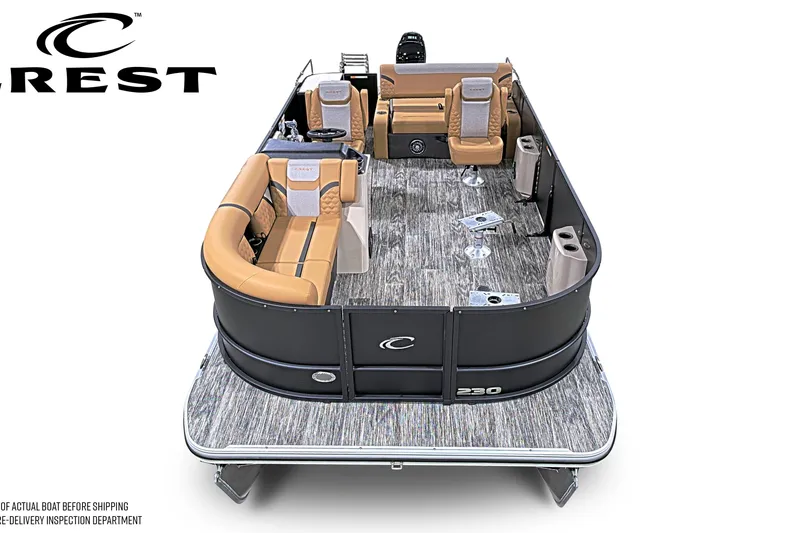 Slide: The Image of 2026 Crest Conquest 230 SLSC pontoon boat with luxurious seating and modern design. - 6