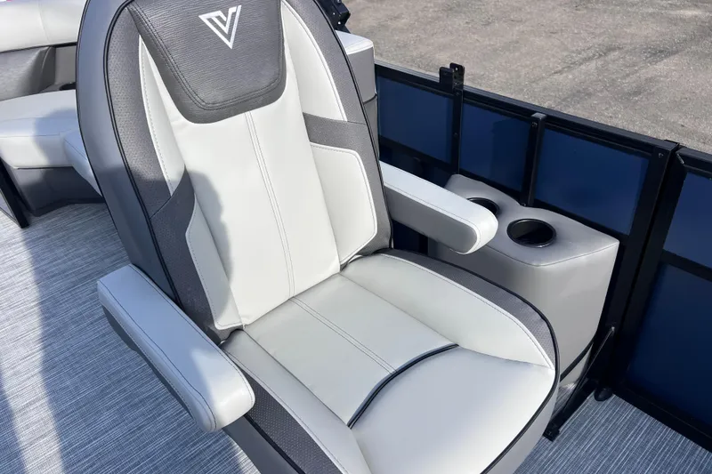 Slide: The Image of Captain's chair on 2026 Viaggio V 20U boat, featuring sleek design and cup holders. - 20