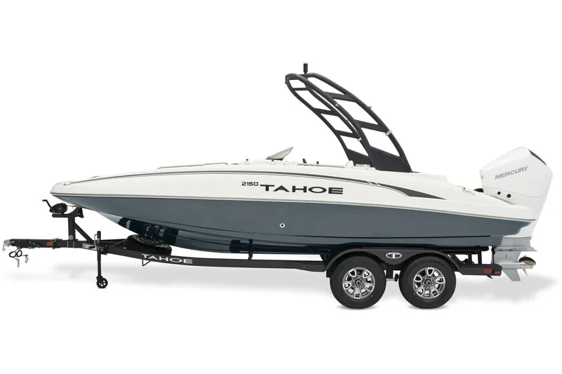 Slide: The Image of 2026 Tahoe 2150 boat on trailer, side view, featuring sleek design and Mercury outboard engine. - 3